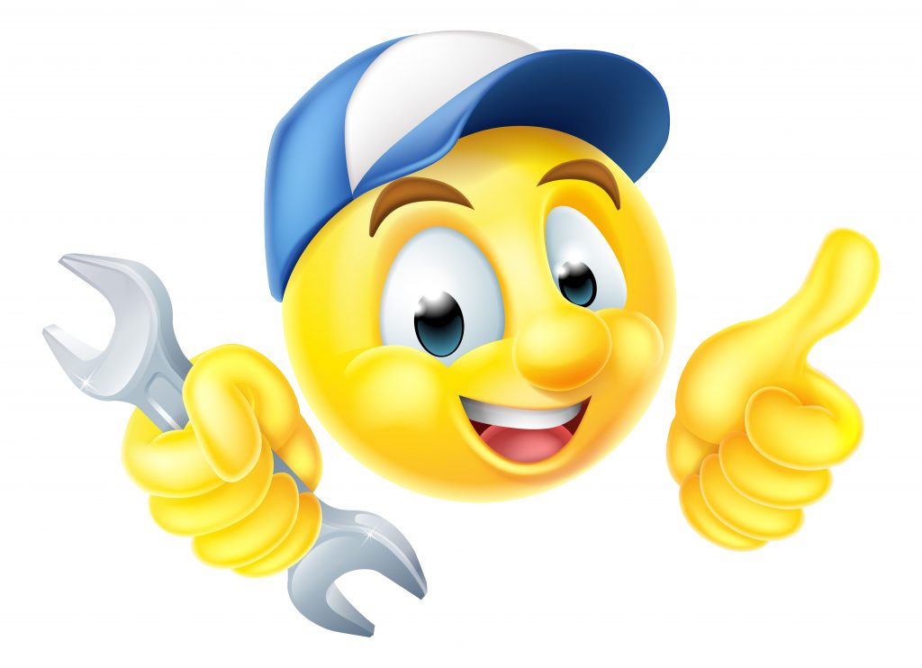 A cartoon mechanic or plumber emoticon emoji holding a spanner and giving a thumbs up