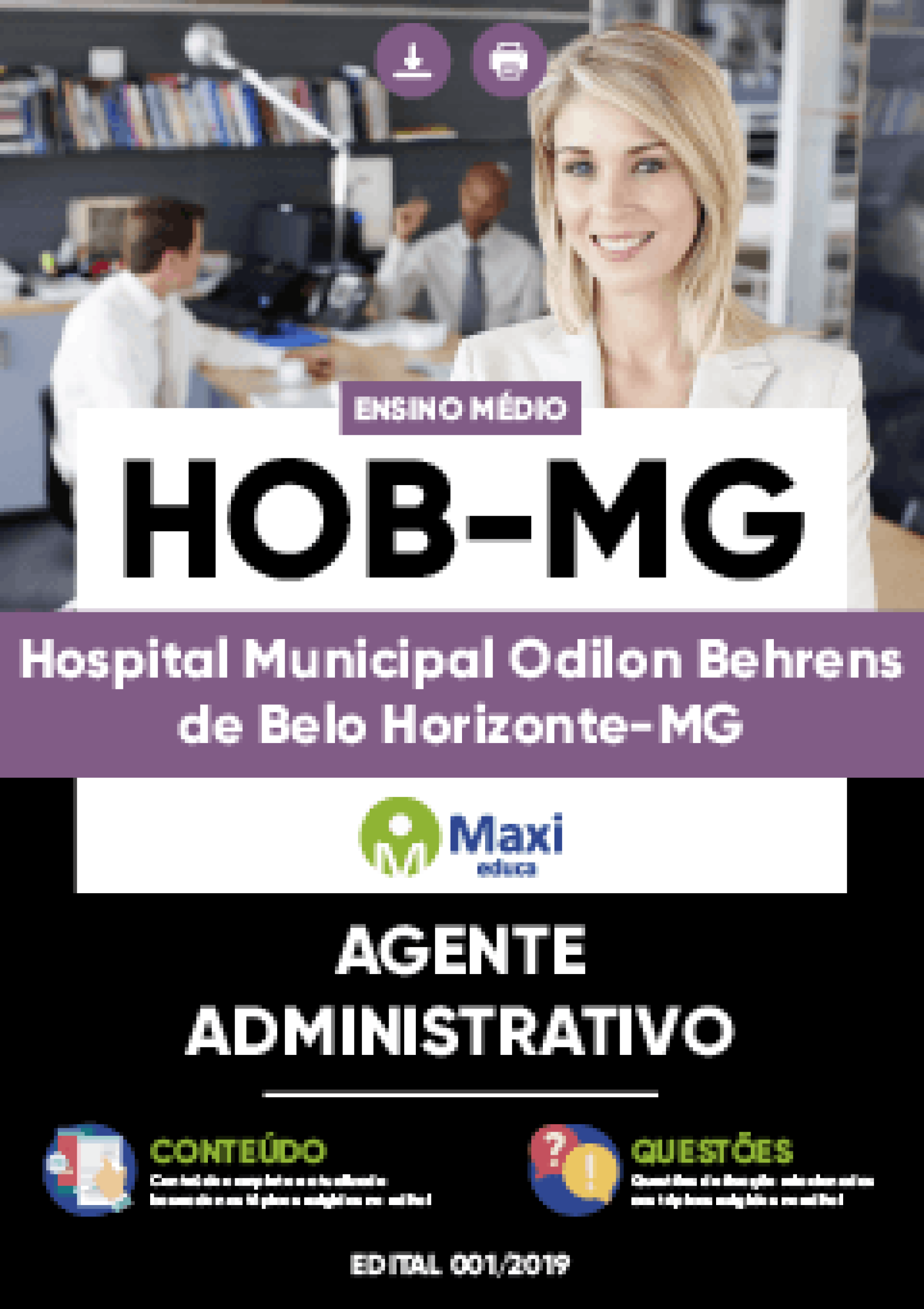 Capa - Apostila Digital em PDF do Hospital Municipal Odilon Behrens de Belo Horizonte-MG - HOB-MG - Agente Administrativo